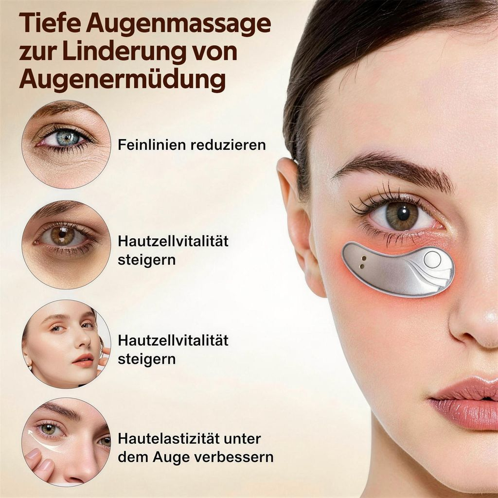 Frau mit Augenmassagegerät unter dem Auge. Verkleinerung von Falten.