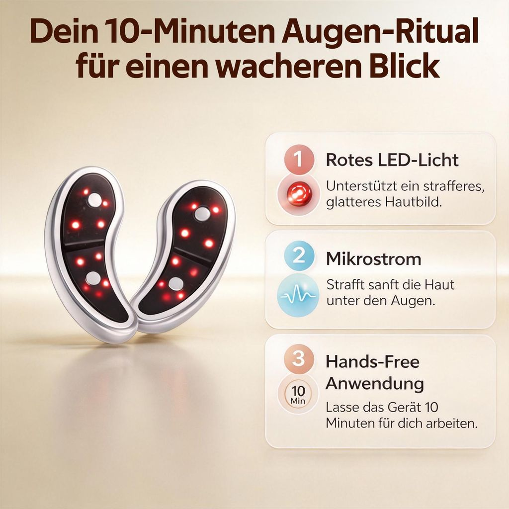 Zwei silberne Augenmassagegeräte mit roten Lichtern, daneben drei Infoboxen.