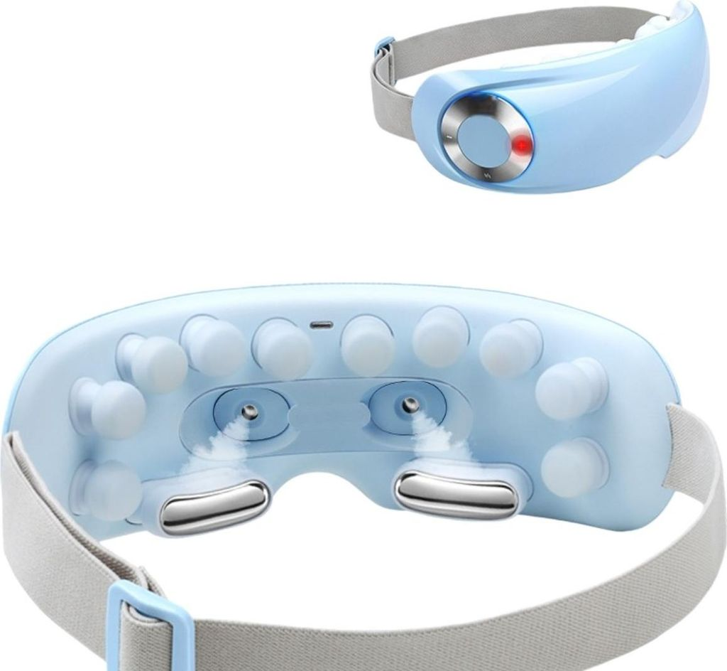 Eine blaue Augenmassagebrille mit weißen Noppen und Metallakzenten.