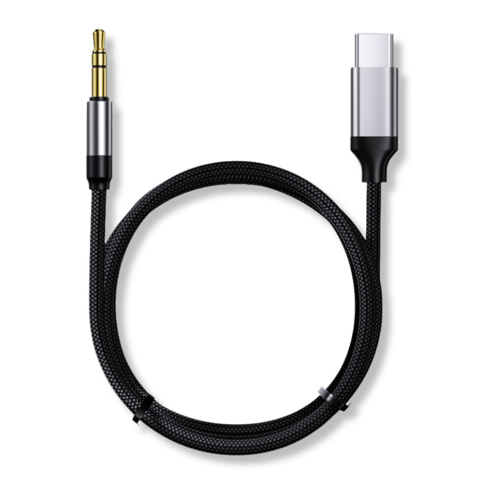 A black audio cable with 3.5mm and USB-C connectors.