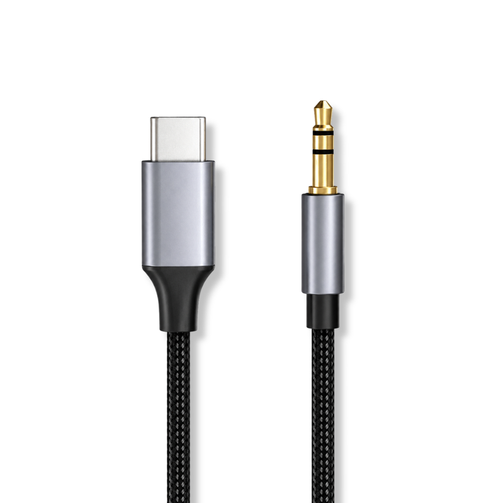 A USB-C connector and a 3.5mm audio jack connector are shown on a white background.
