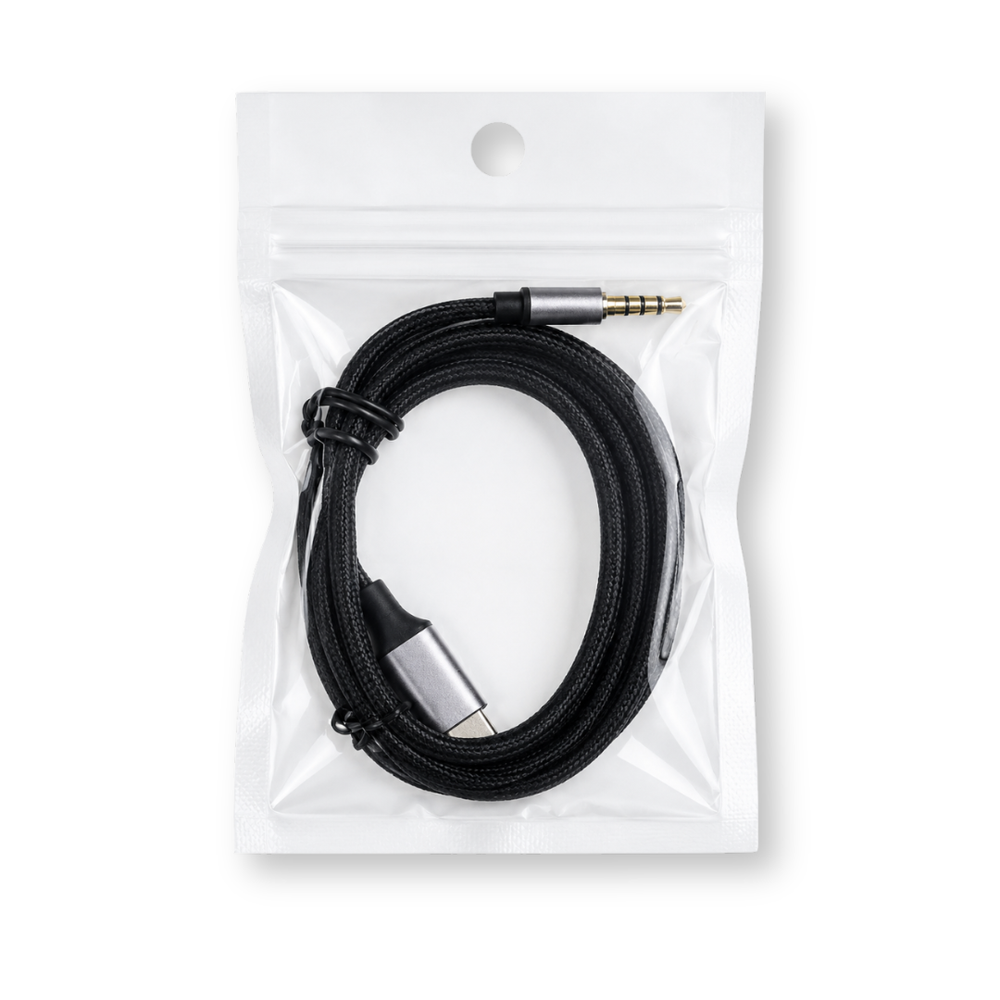 Black cable with USB-C and 3.5mm plug in a clear plastic bag.