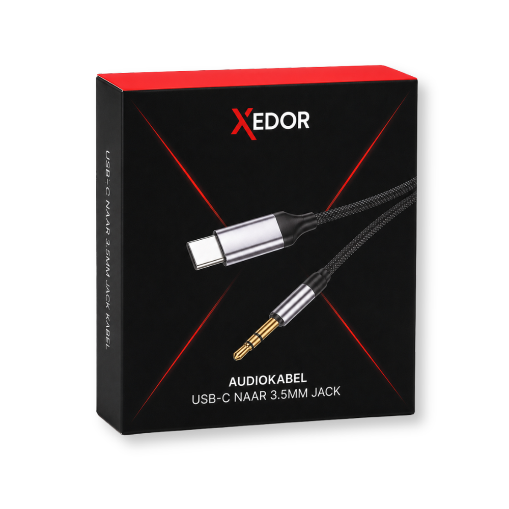 Box for a USB-C to 3.5mm jack cable with Xedor logo.