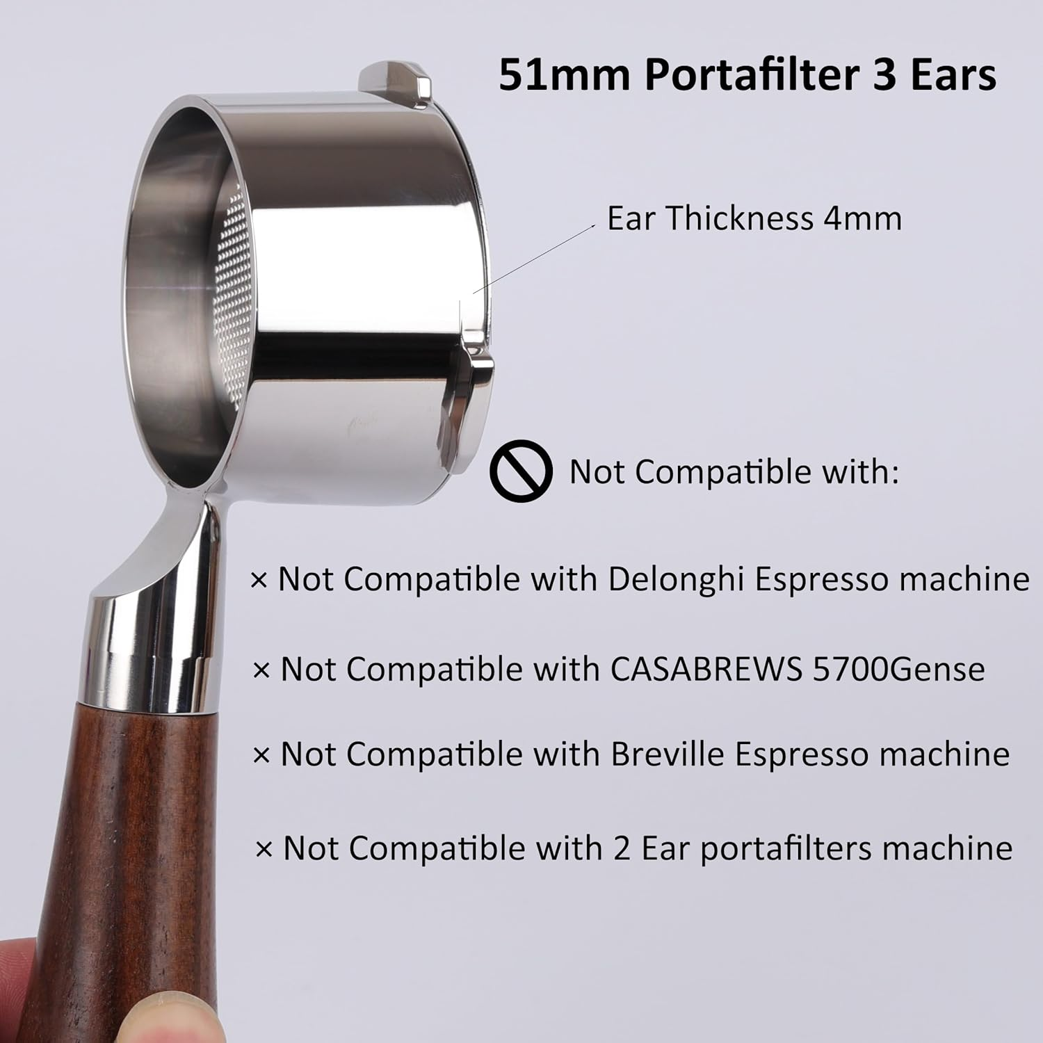 51mm Siebträger mit 3 Ohren, 4mm Dicke, nicht kompatibel mit Delonghi, CASABREWS, Breville, 2-Ohr-Maschinen.