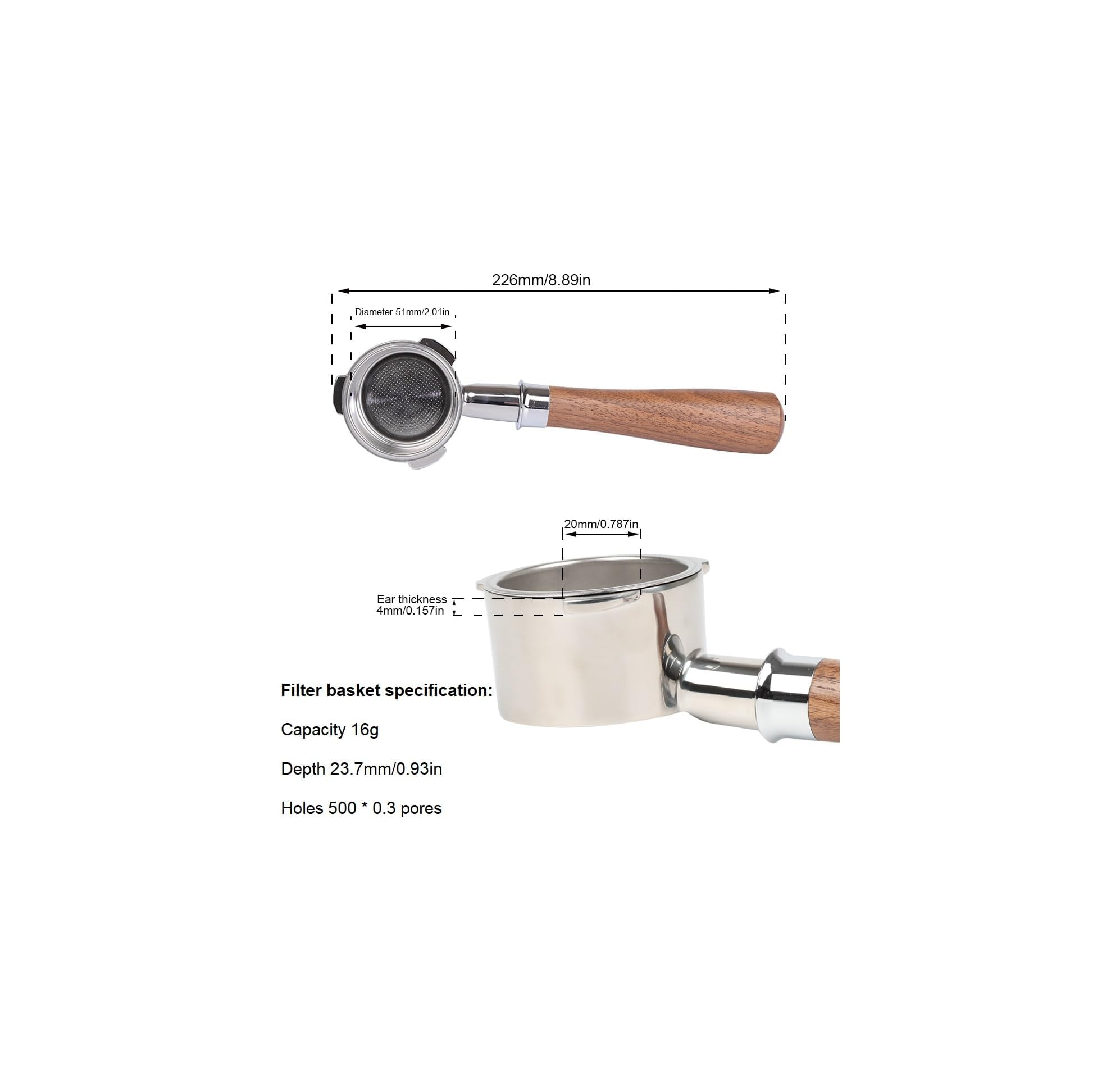 Espressomaschinen-Siebträger mit Holzgriff, Maße angegeben.