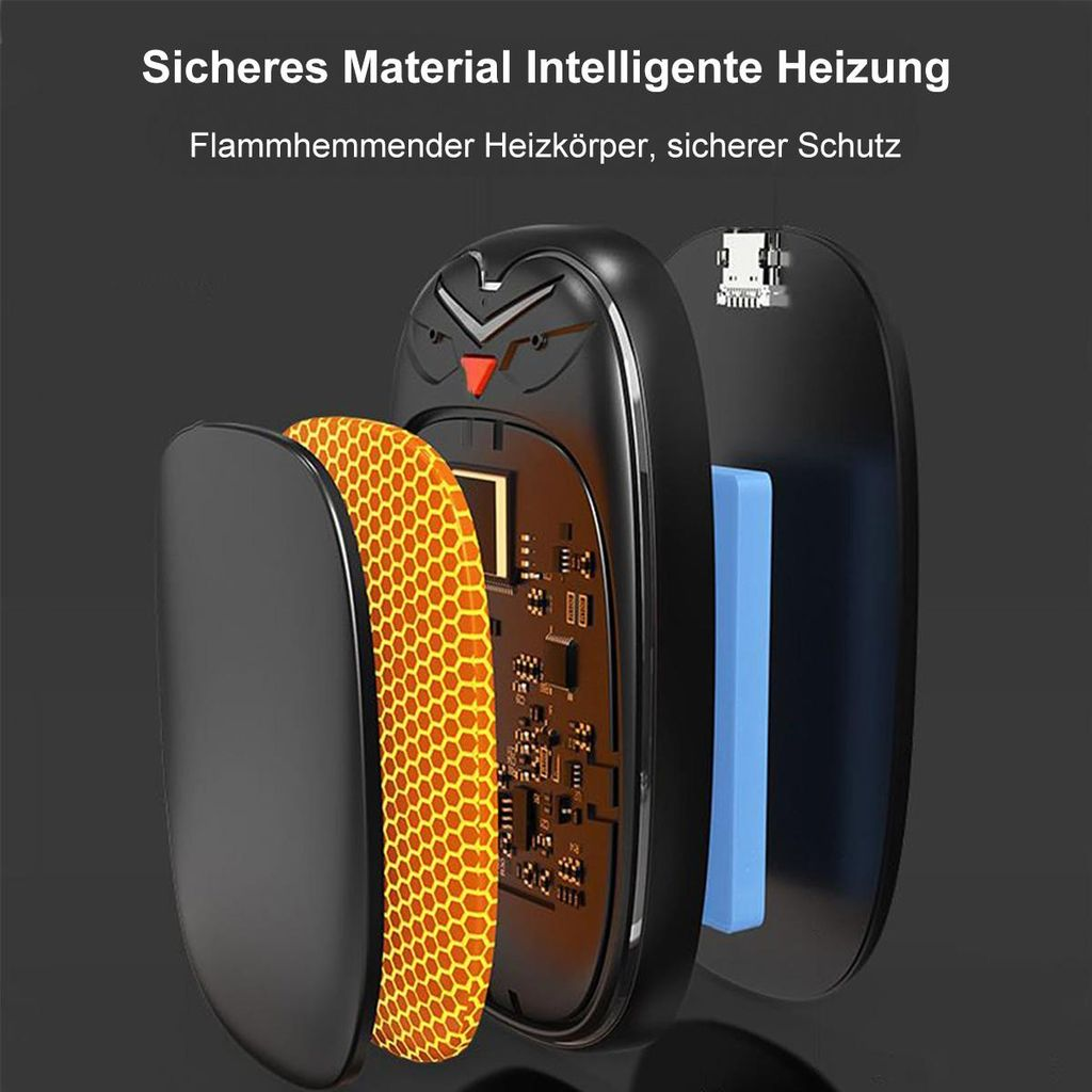 Explodierte Ansicht eines Heizgeräts mit Hauptplatine, Heizkörper und Batterie.