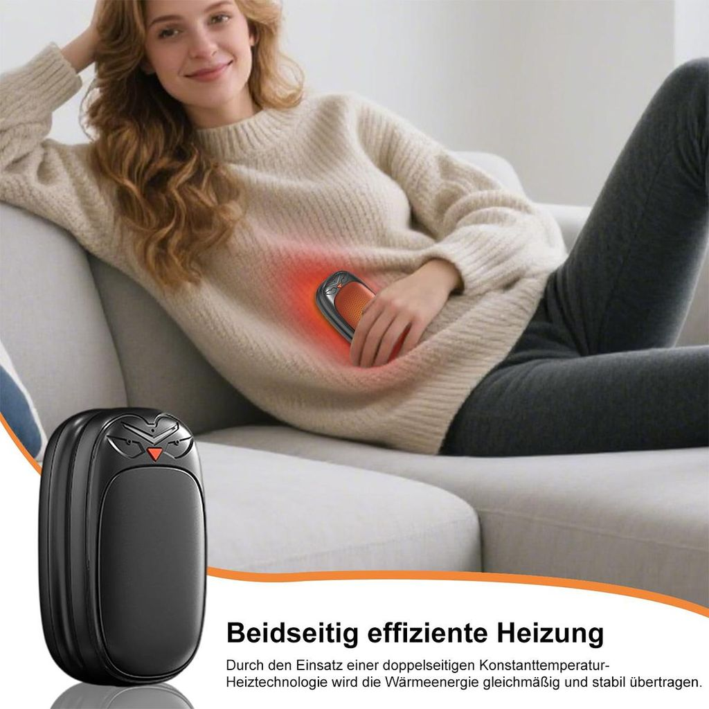 Eine Frau auf einem Sofa mit einem Heizgerät auf ihrem Bauch. Roter Schein.