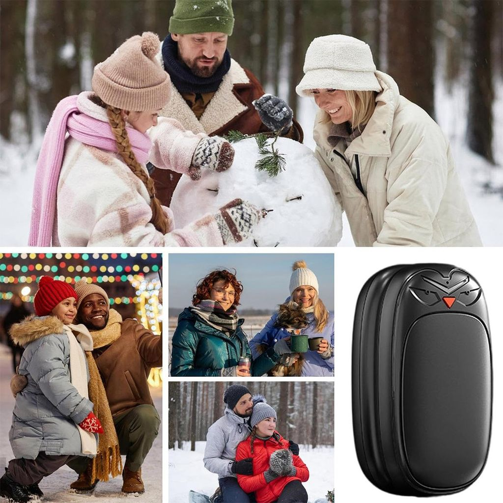 Collage von Winterszenen: Familie baut Schneemann, Paar mit Lichtern, zwei Frauen mit Hund, Paar im Schnee, schwarzer Eulen-Handwärmer.