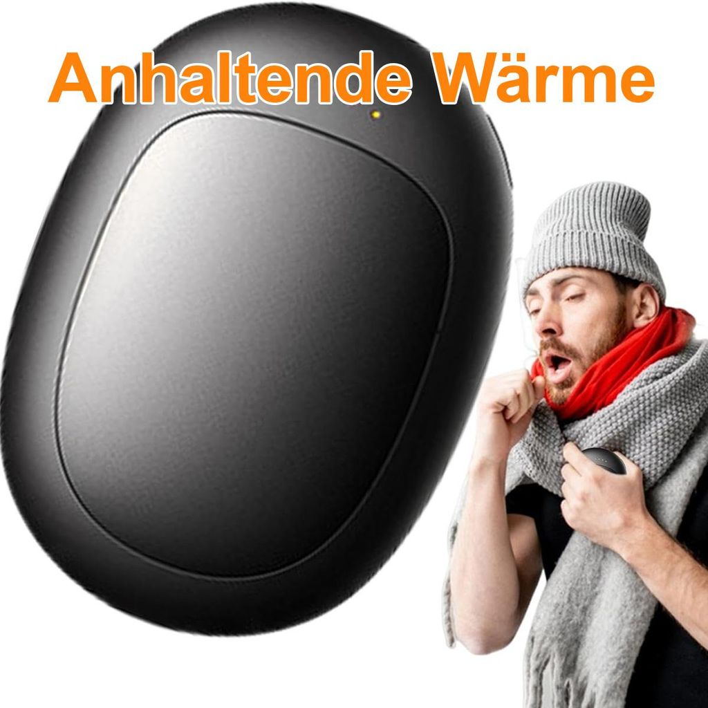 Ein schwarzer Handwärmer liegt neben einem Mann mit Schal und Mütze.