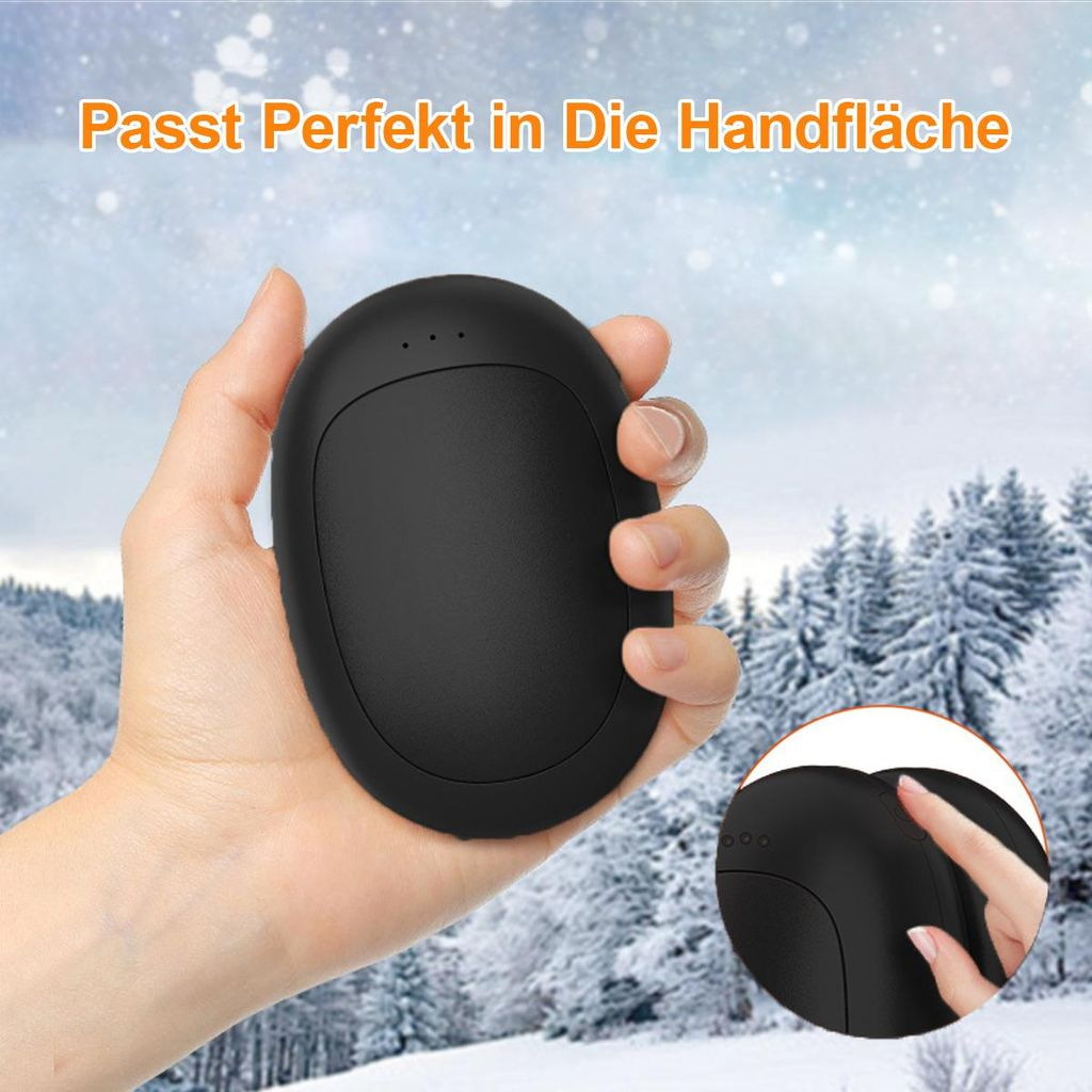 Handheld-Ladegerät in der Hand vor winterlicher Kulisse mit Bäumen.