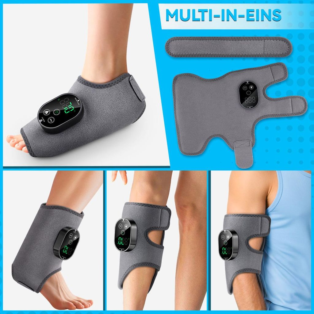 Graue Bandagen mit digitaler Anzeige für Fuß, Knöchel, Unterarm und Oberarm.