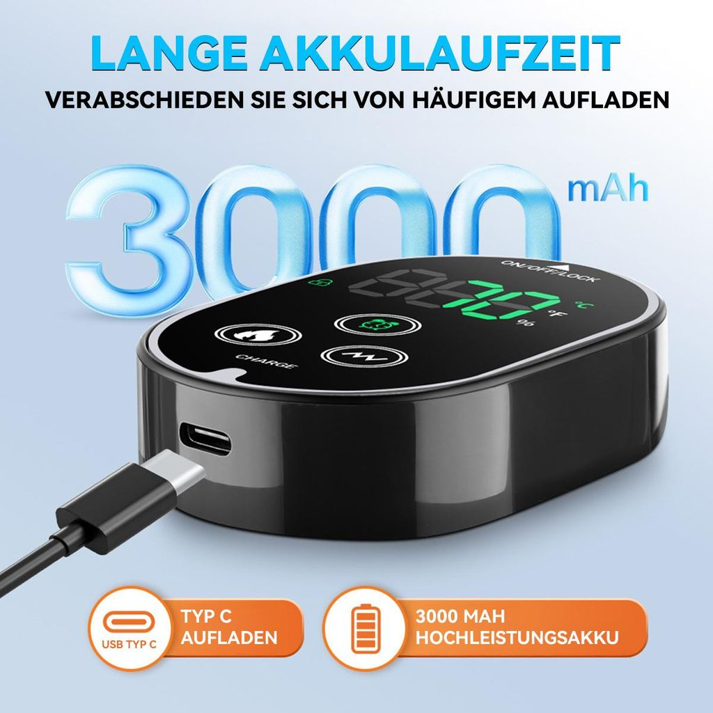 Schwarzes Ladegerät mit 3000 mAh, USB-C-Anschluss und Ladeanzeige.