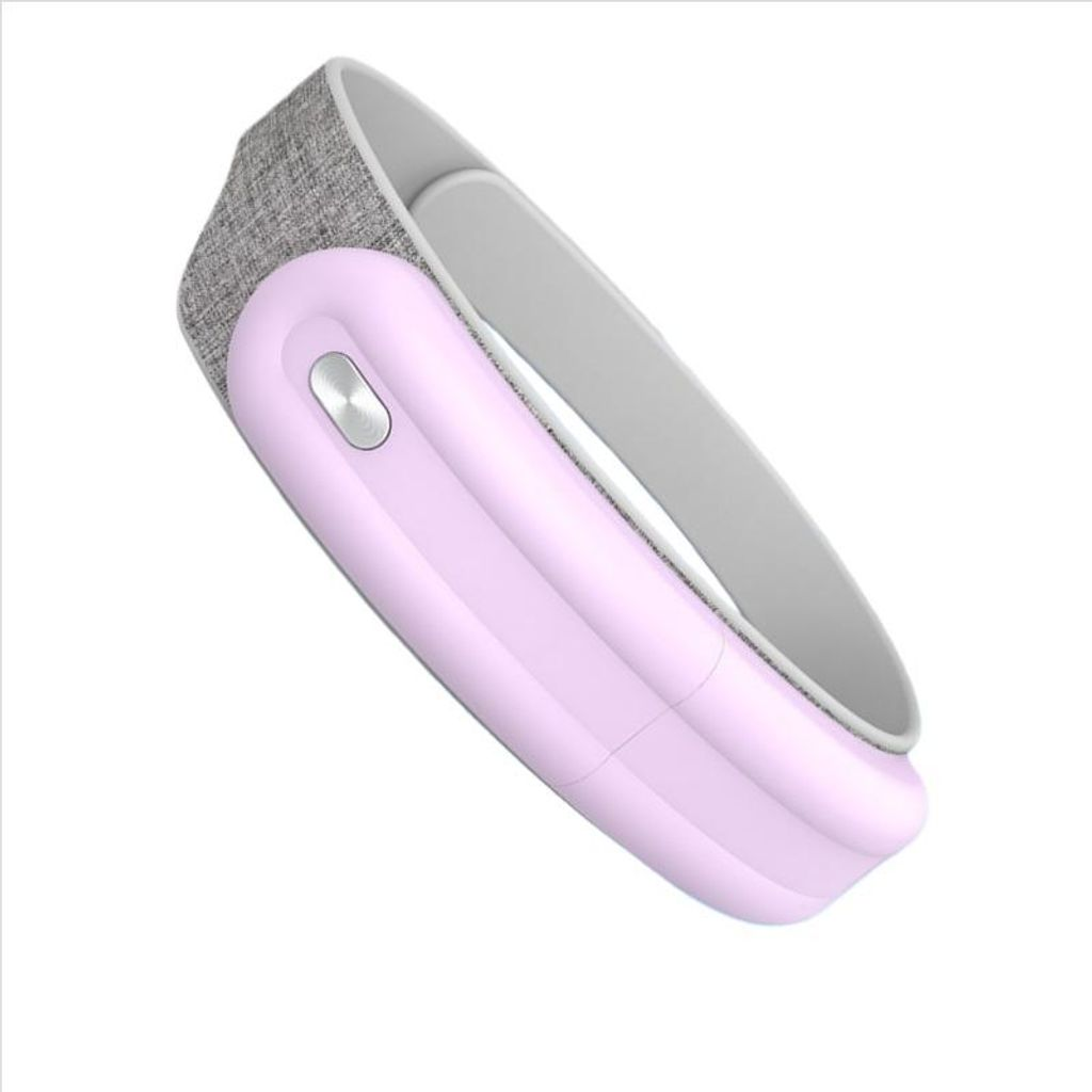 Ein rosa Nackenmassagegerät mit Stoffband und silbernem Knopf.
