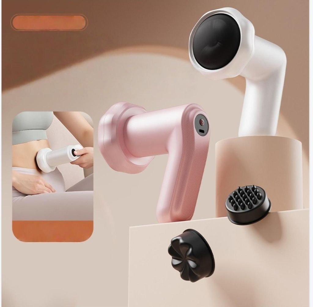 Ein rosa und ein weißer Massagegerät-Prototyp mit Zubehörteilen.