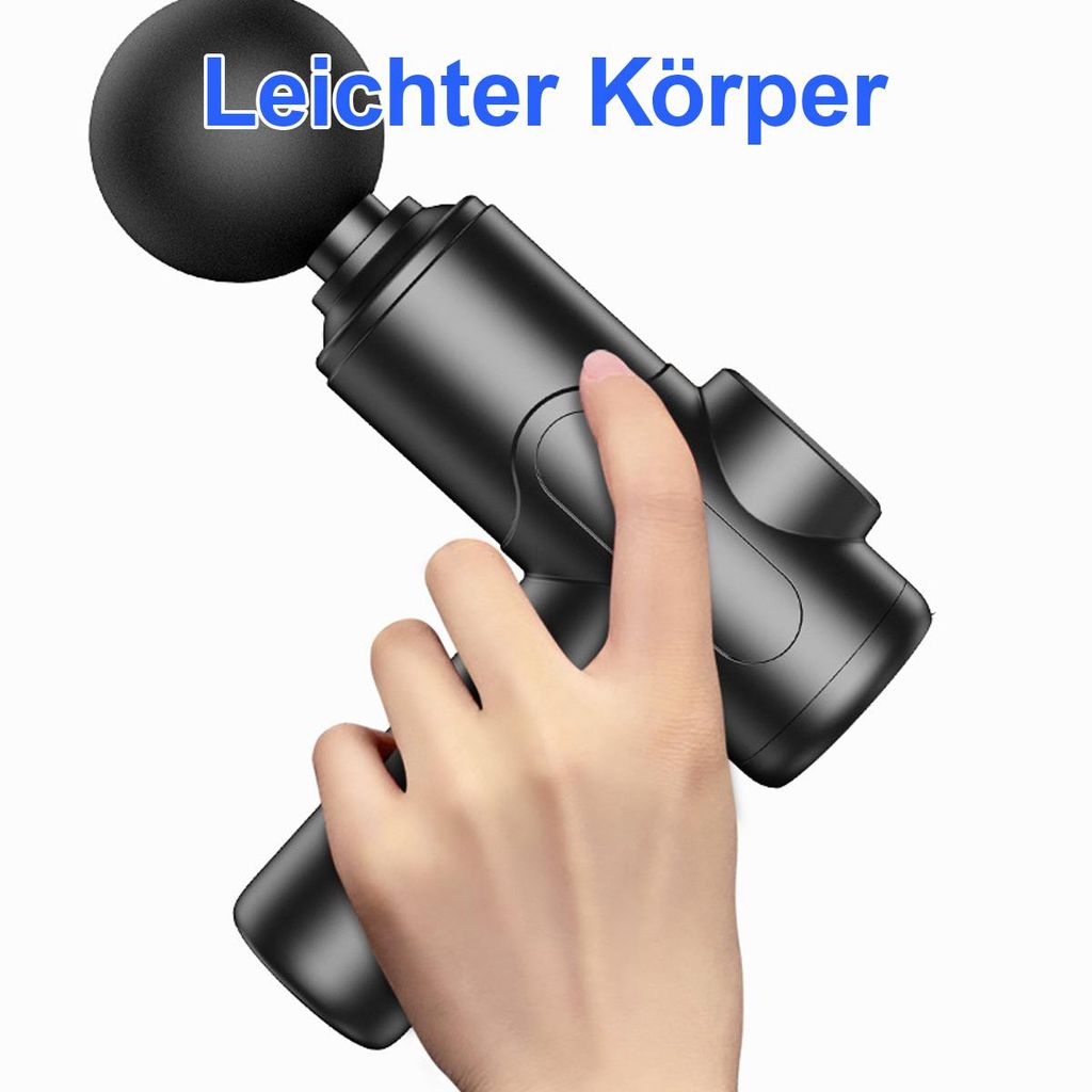 Hand hält schwarzes Massagegerät mit rundem Aufsatz. Text: Leichter Körper.