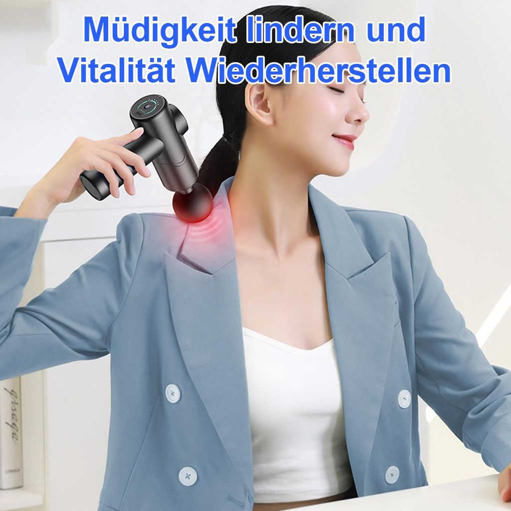Frau mit Massagepistole am Nacken. Text: Müdigkeit lindern.
