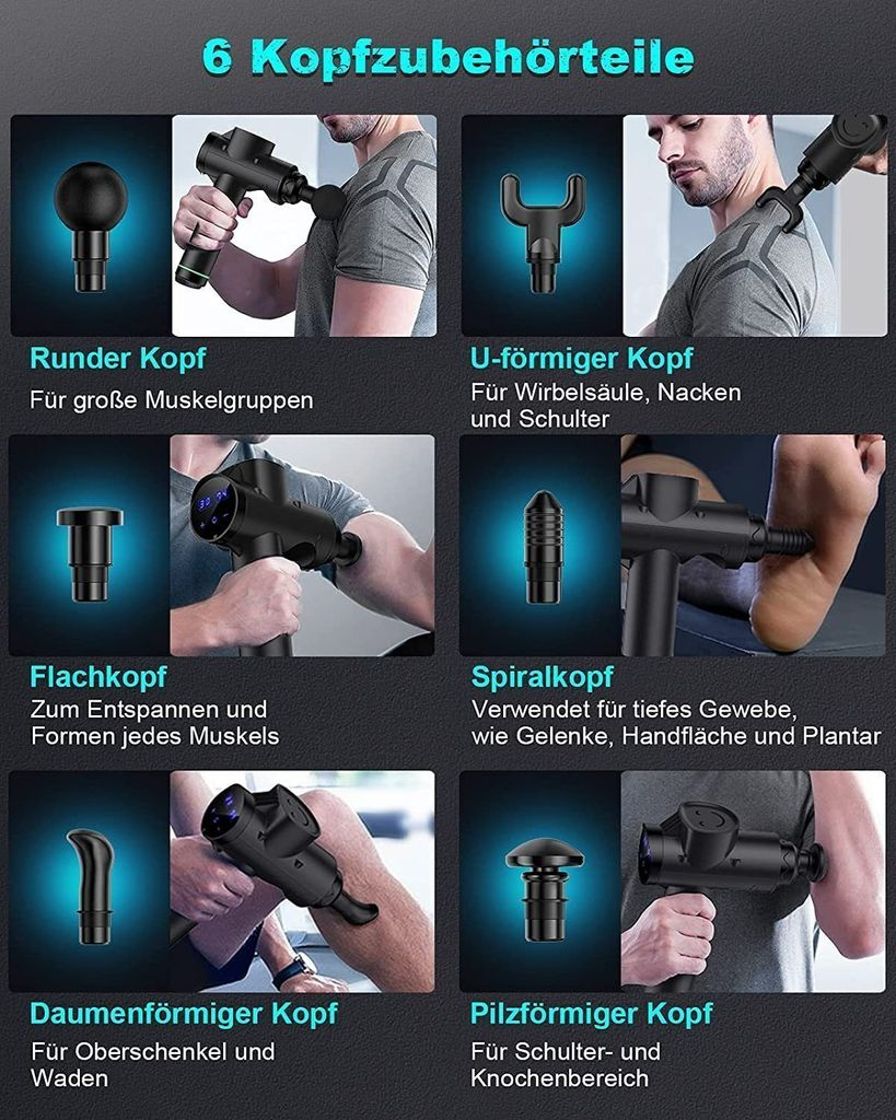 Massagepistole mit 6 austauschbaren Köpfen: rund, U-förmig, flach, spiralförmig, Daumen, Pilz.