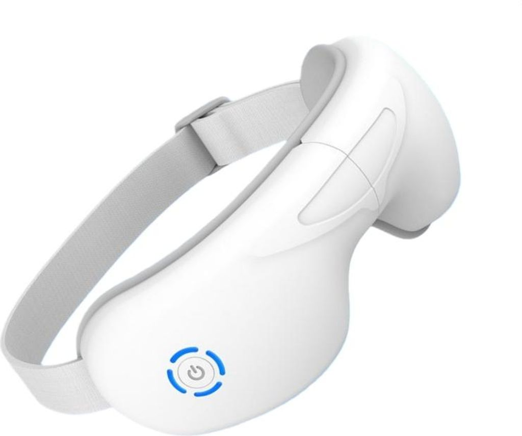 Ein weißes Massagegerät für die Augen mit einem grauen Band und einem blauen Power-Symbol.