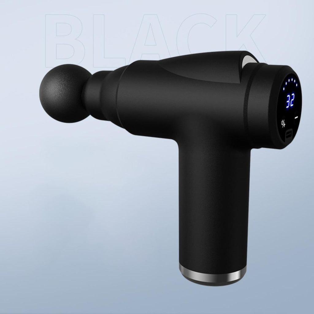 Schwarze Massagepistole mit rundem Kopf, digitaler Anzeige und silbernem Sockel.