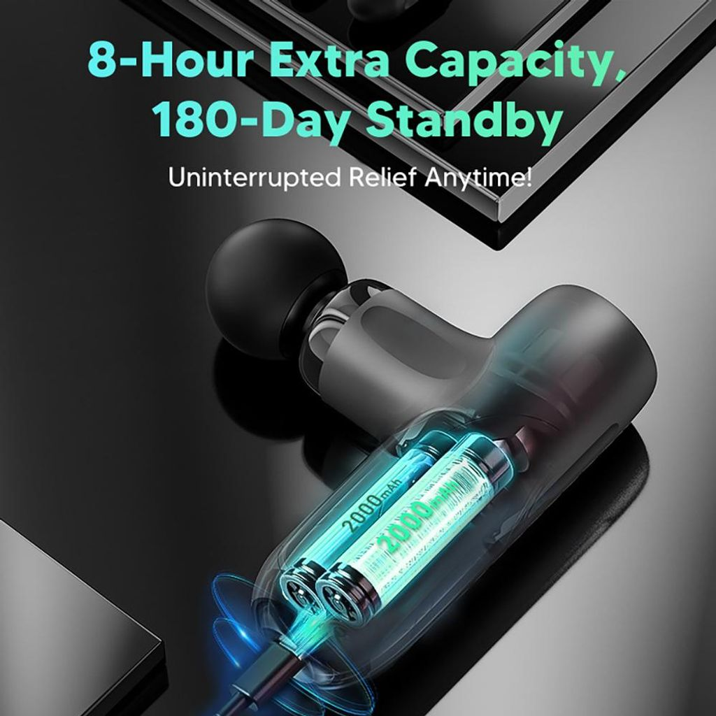 Massagegerät mit 2x 2000mAh Akkus, 8 Std. Laufzeit, 180 Tage Standby.