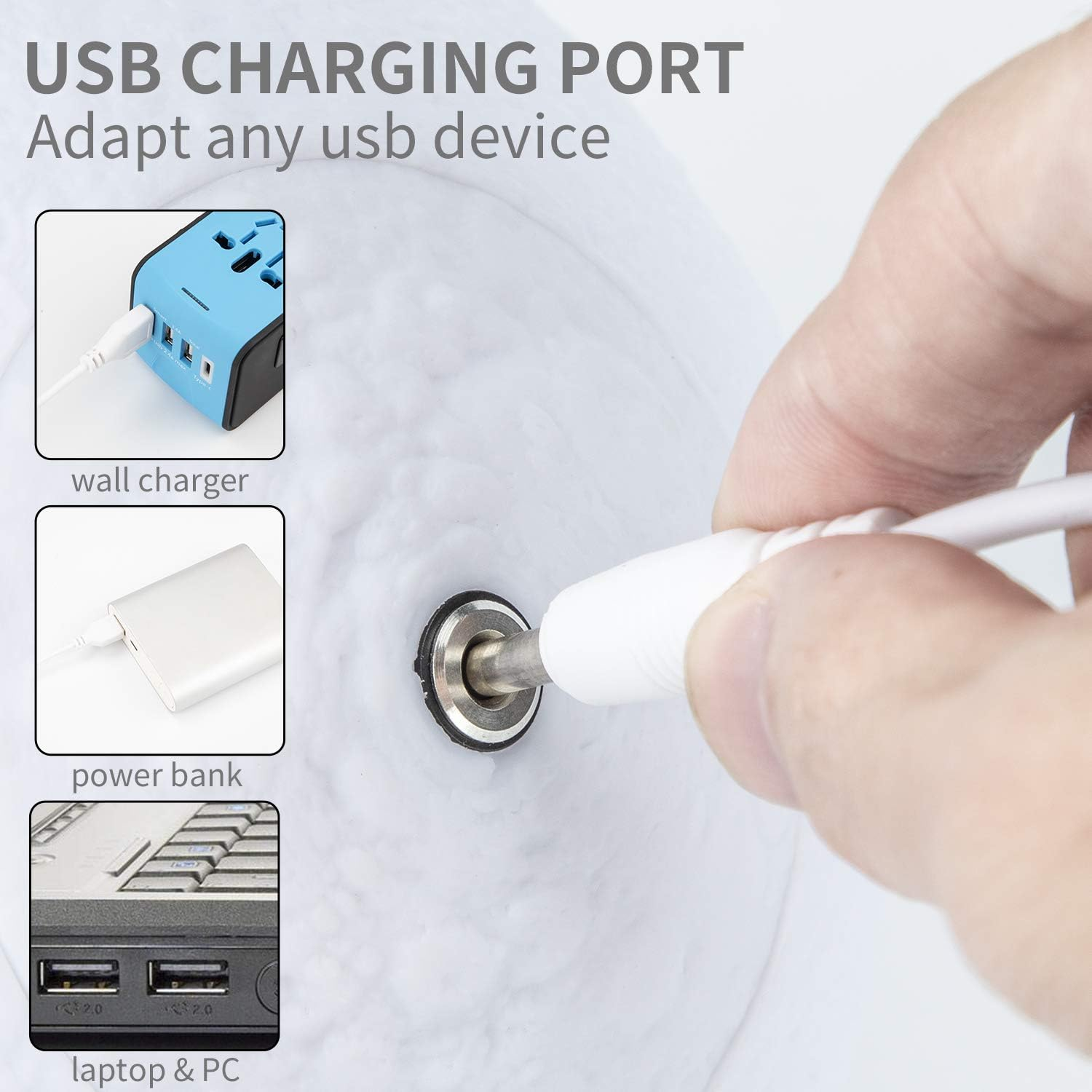 Ein USB-Ladekabel wird in einen weißen Anschluss gesteckt.