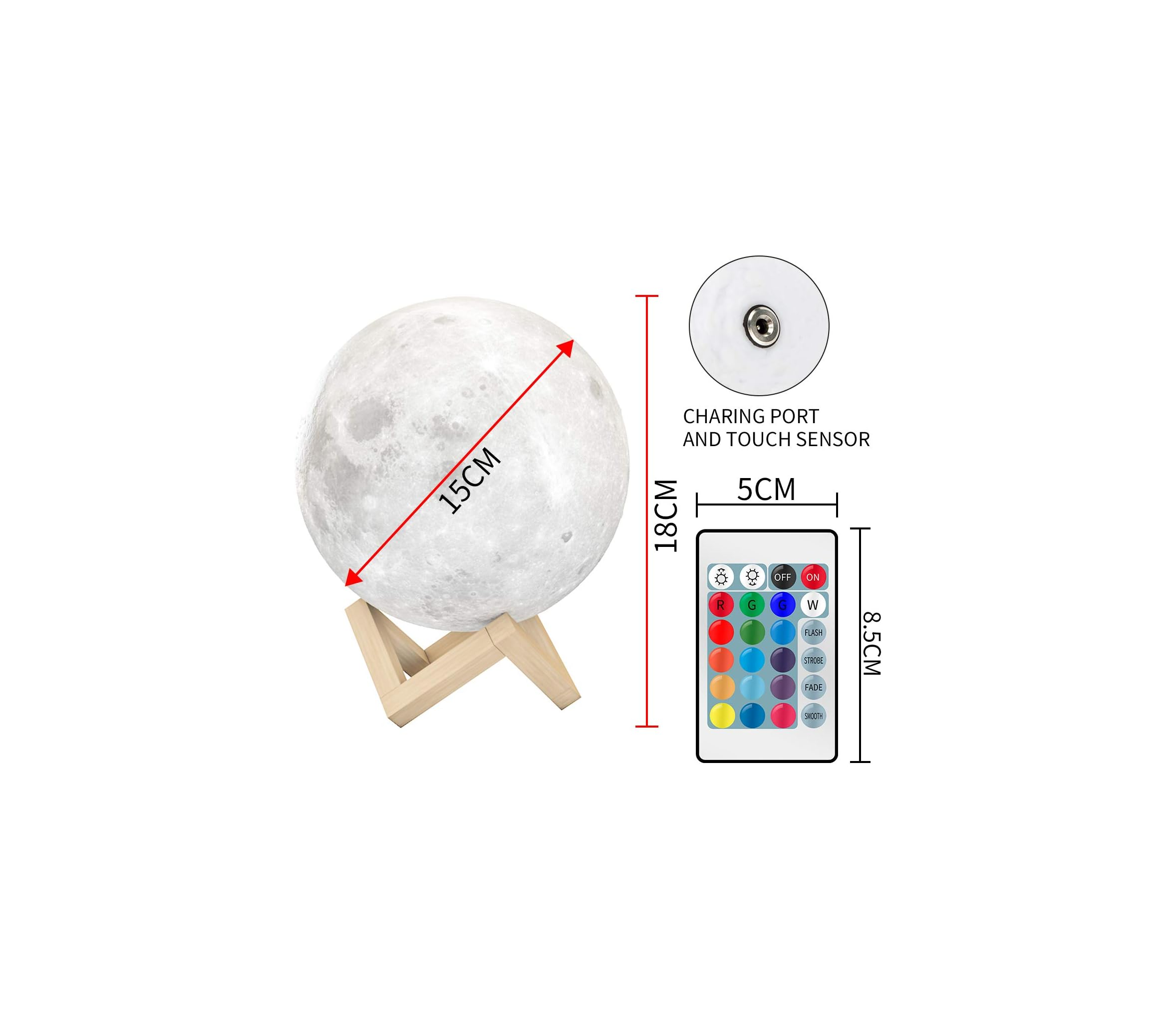 Mondlampe mit Fernbedienung, Ladeanschluss und Touch-Sensor. Maße angegeben.
