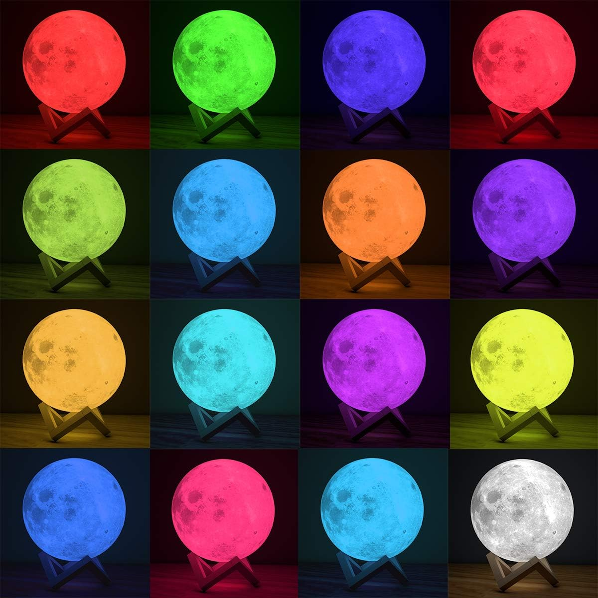 16 Mondlampen in verschiedenen Farben auf Holzständern.