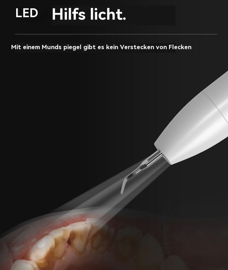 Ein weißes Dentalwerkzeug mit LED-Licht beleuchtet Zahnstein auf menschlichen Zähnen.