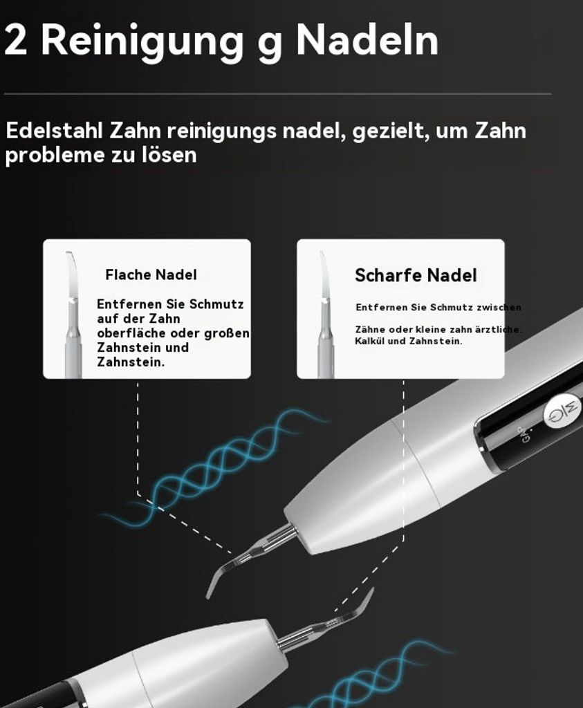 Zwei Edelstahl-Zahnreinigungswerkzeuge mit verschiedenen Spitzen, die Schmutz entfernen.