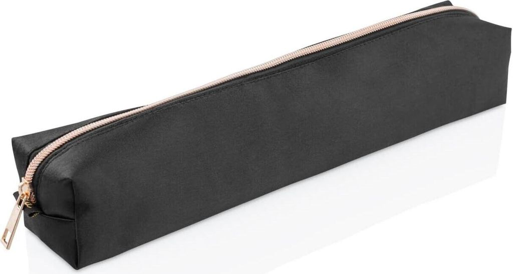 Schwarzer, rechteckiger Beutel mit Reißverschluss und roséfarbenem Reißverschluss.
