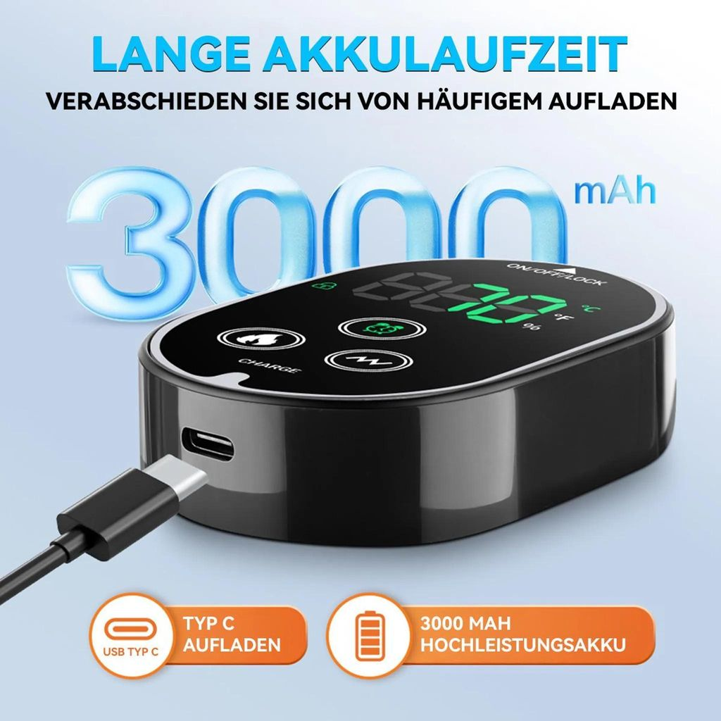 Ein schwarzes Ladegerät mit digitaler Anzeige und USB-C-Anschluss.