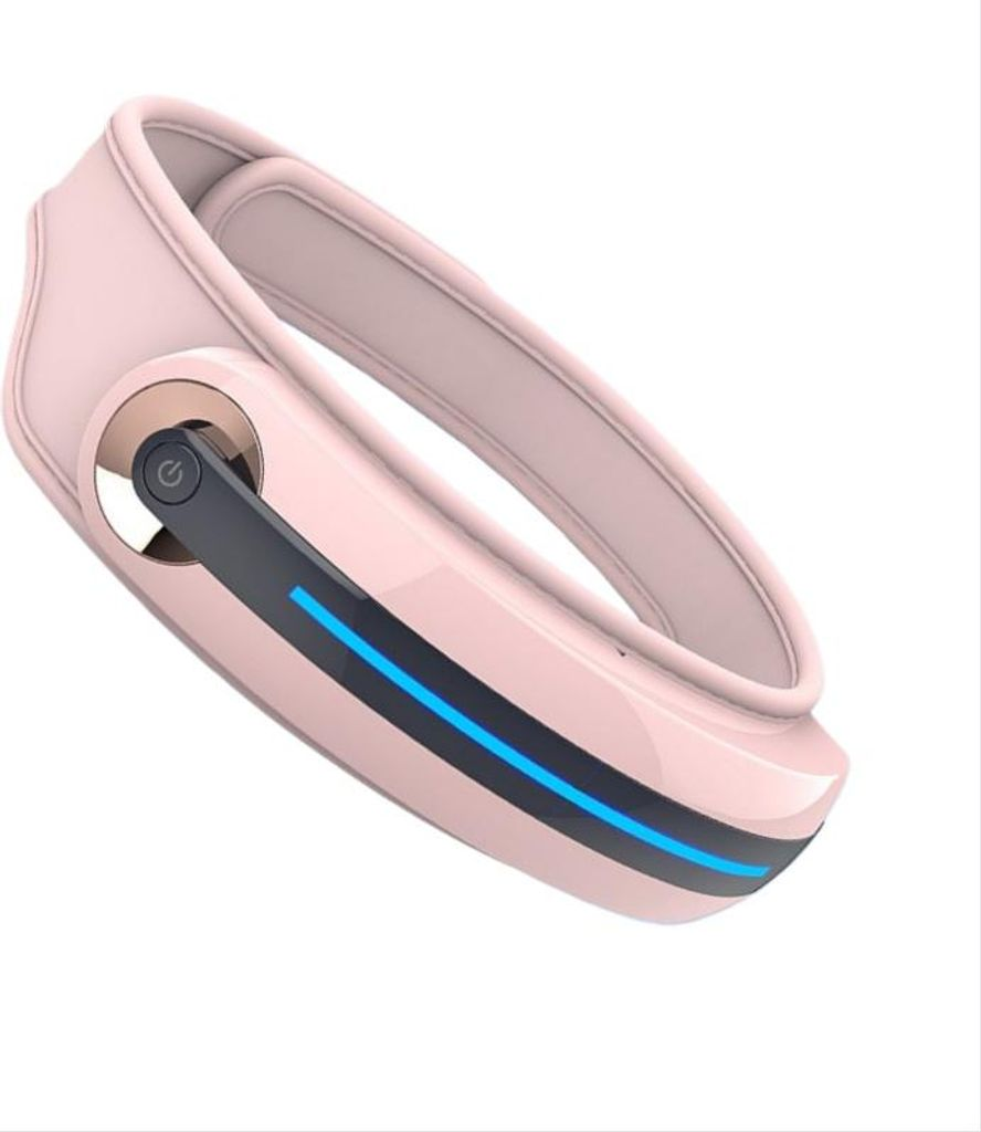 Ein rosafarbener Nacken-Massagegerät mit blauen Lichtern und einem Power-Symbol.