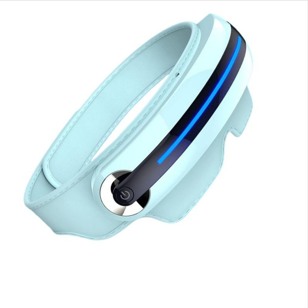 Ein hellblaues Nackenmassagegerät mit einem Power-Button und blauen Lichtern.
