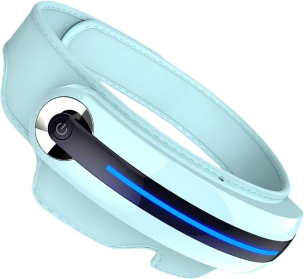 Ein hellblaues Gerät mit einem Power-Knopf und blauen LED-Lichtern.