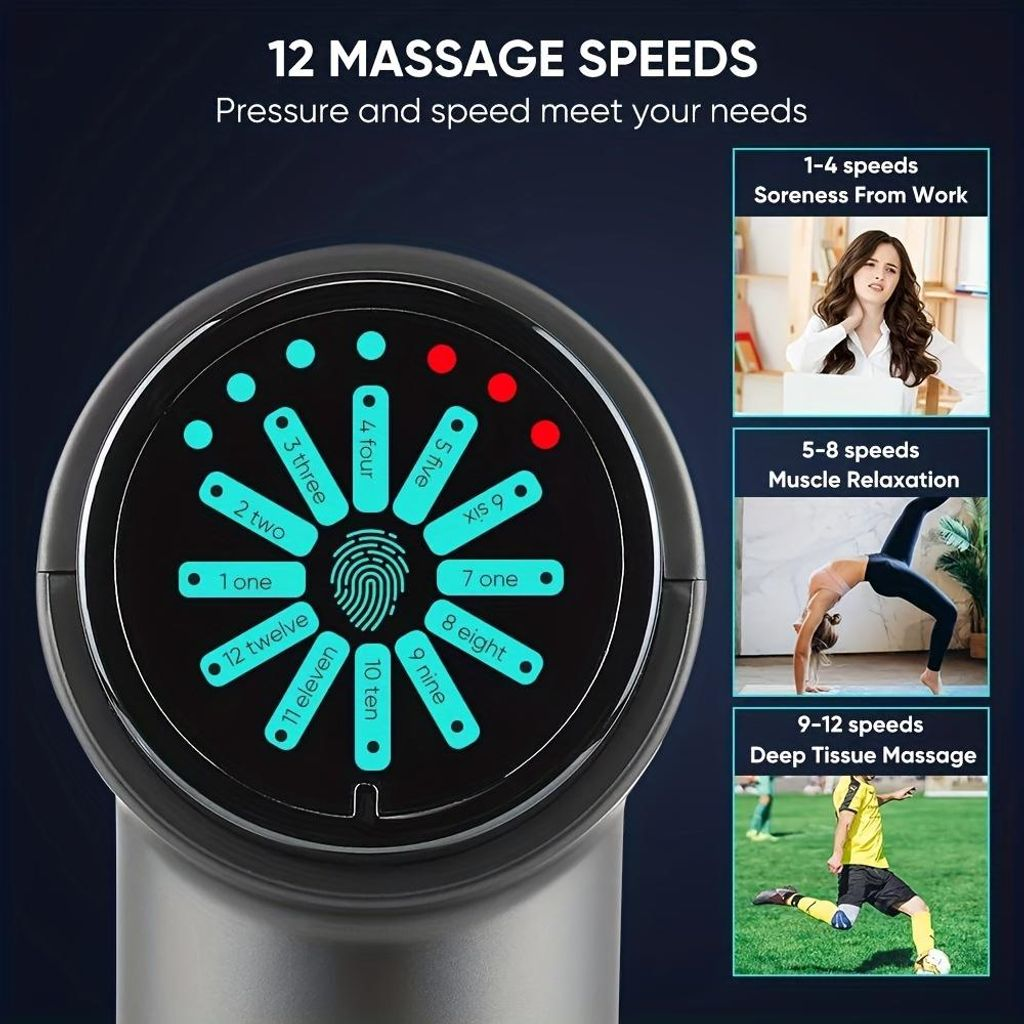 Massagegerät mit 12 Gängen, zeigt Geschwindigkeiten und Verwendungszwecke an.