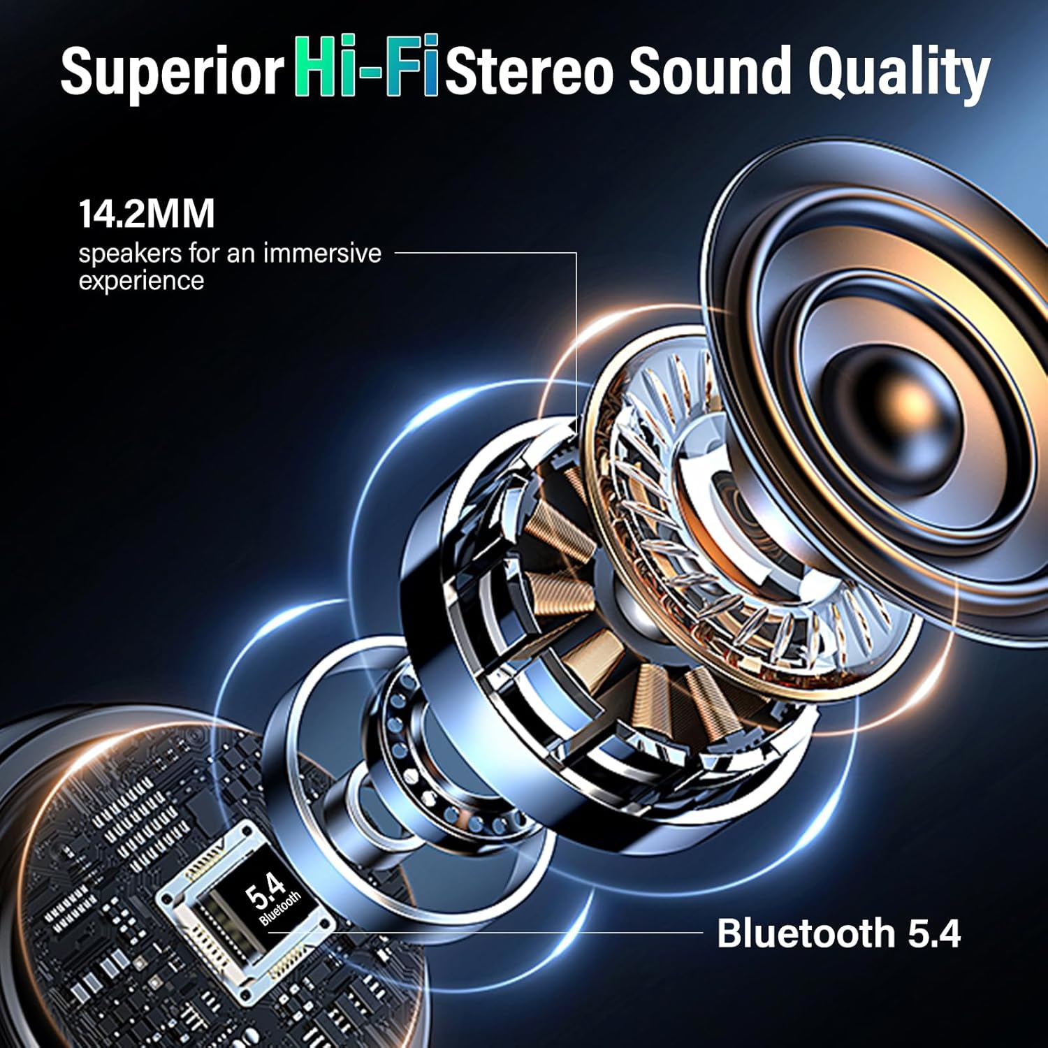 3D-Rendering eines Lautsprechers und einer Platine mit Bluetooth 5.4-Chip.
