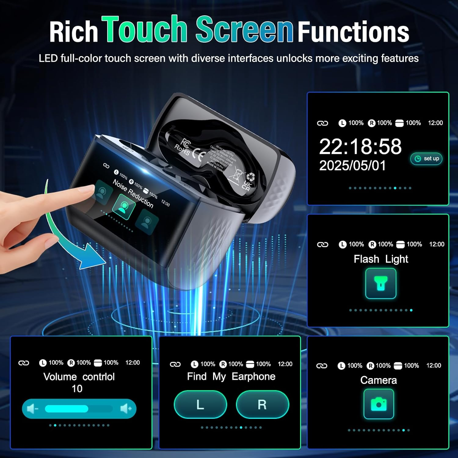 Ein Touchscreen-Gerät zeigt Funktionen wie Lärmreduzierung, Uhrzeit, Taschenlampe, Lautstärke, Ortung und Kamera.
