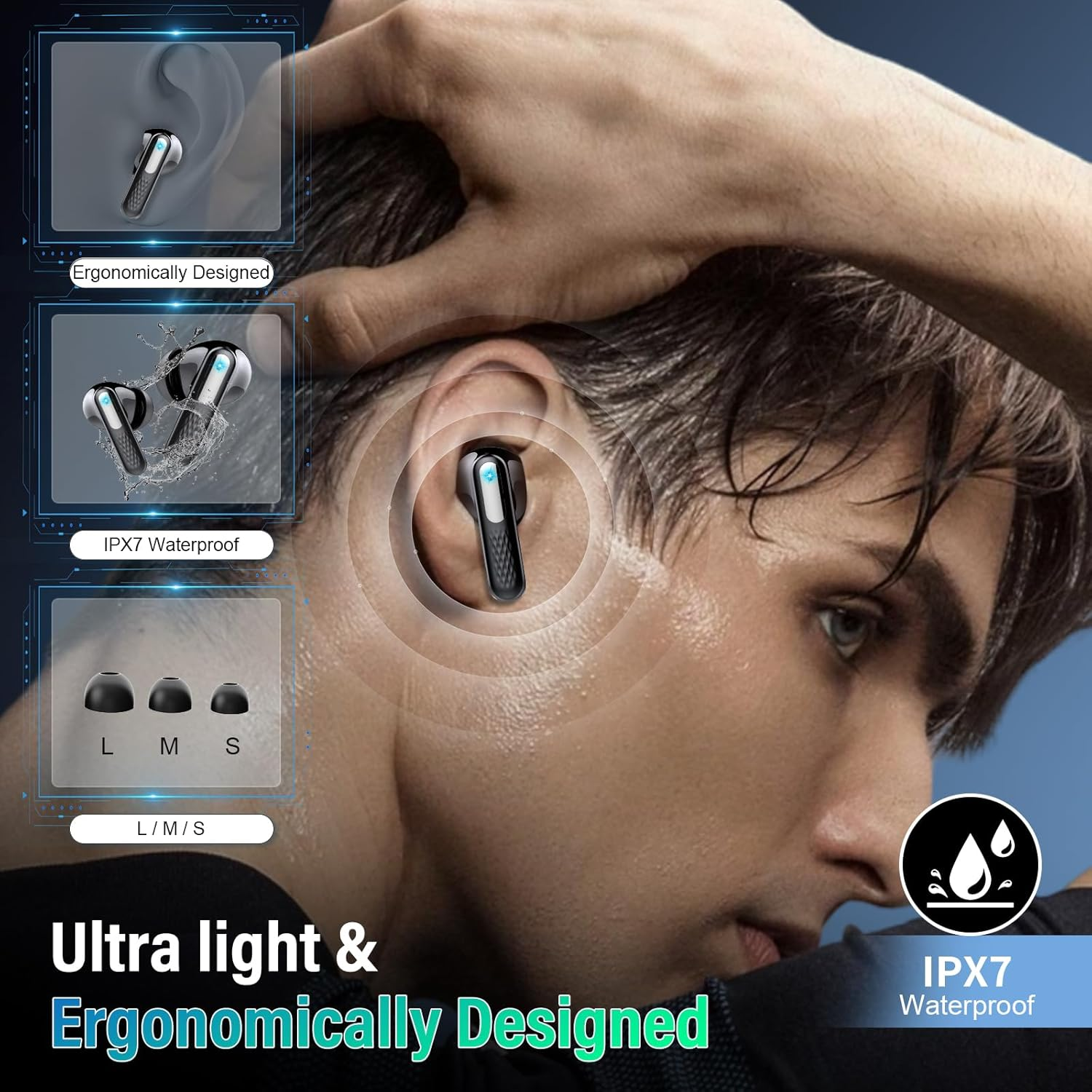 Ein Mann trägt ein Paar Ohrhörer, die ergonomisch gestaltet und IPX7 wasserdicht sind.