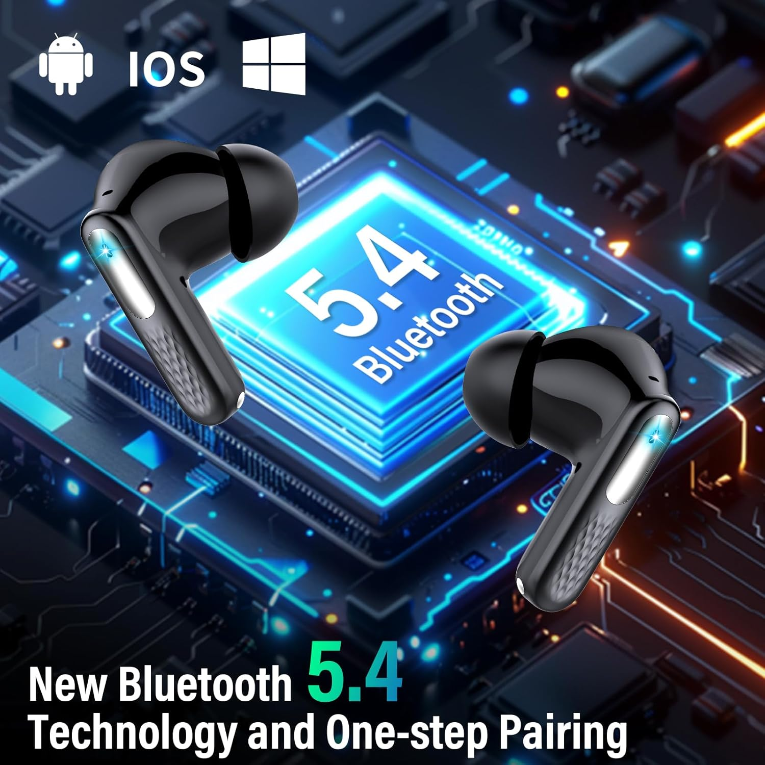 Zwei schwarze Bluetooth-Kopfhörer auf einer Leiterplatte mit der Aufschrift „Bluetooth 5.4“.