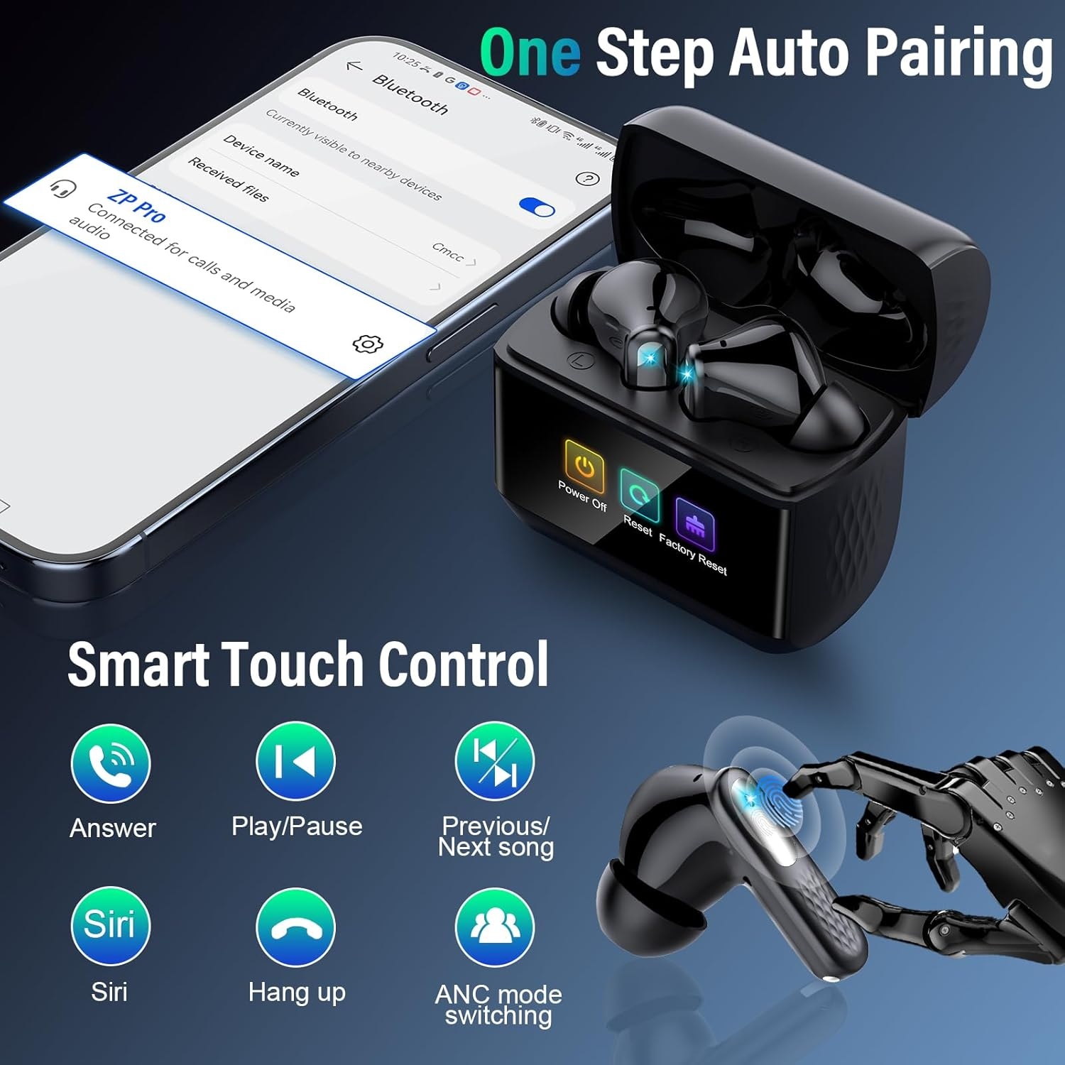 Ein Smartphone zeigt Bluetooth-Kopplung mit schwarzen Ohrhörern und Ladecase.