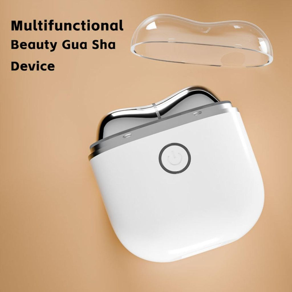 Weißes multifunktionales Schönheits-Gua-Sha-Gerät mit transparenter Kappe.