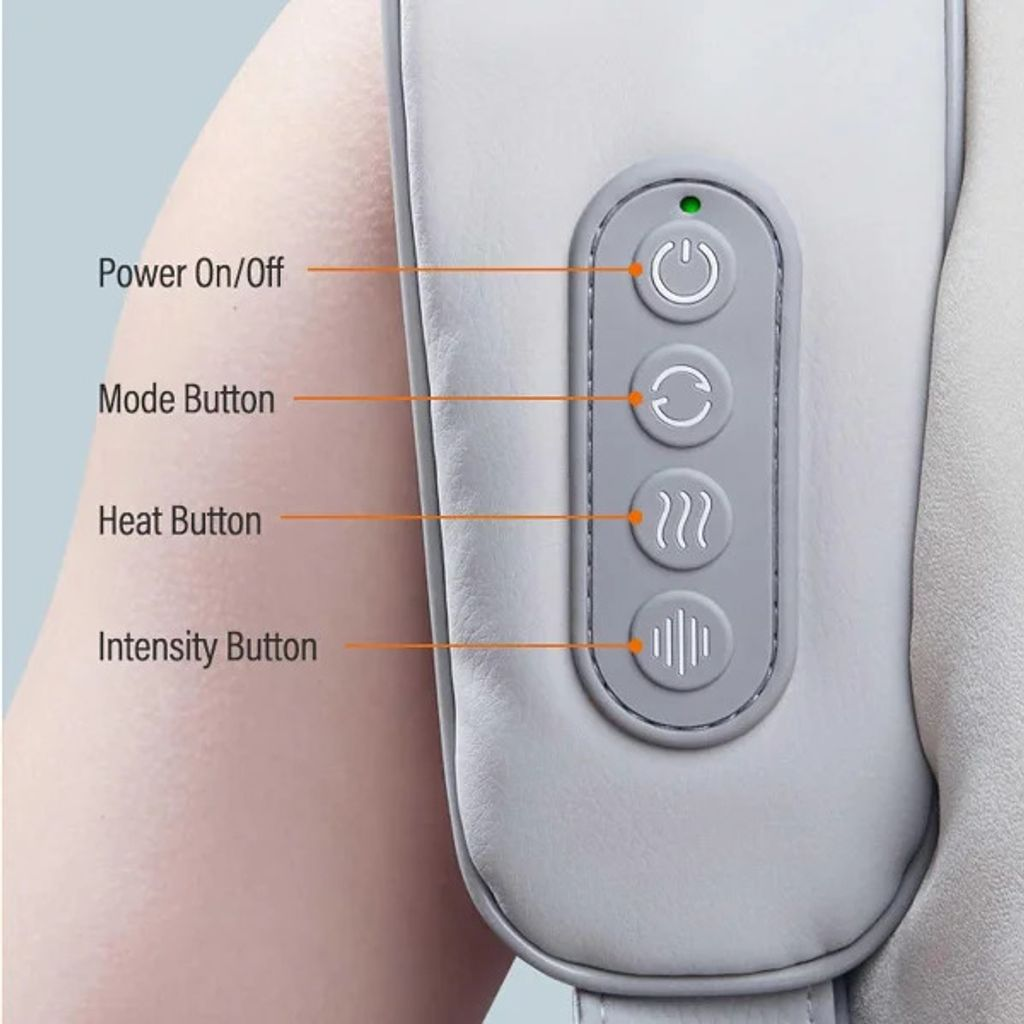 Ein Nackenmassagegerät mit vier Knöpfen: Ein/Aus, Modus, Wärme und Intensität.