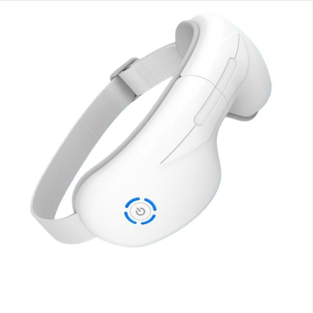Ein weißes Nackenmassagegerät mit blauem Power-Symbol und verstellbarem Riemen.