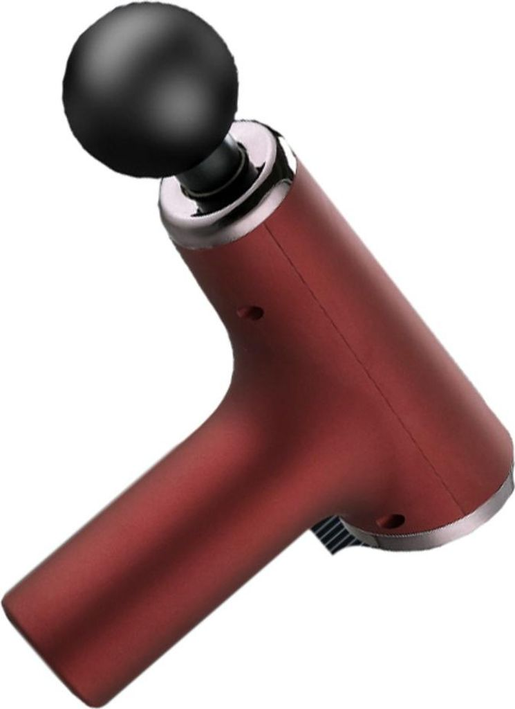 Rote Massagepistole mit schwarzem Kugelkopf, auf weißem Hintergrund.