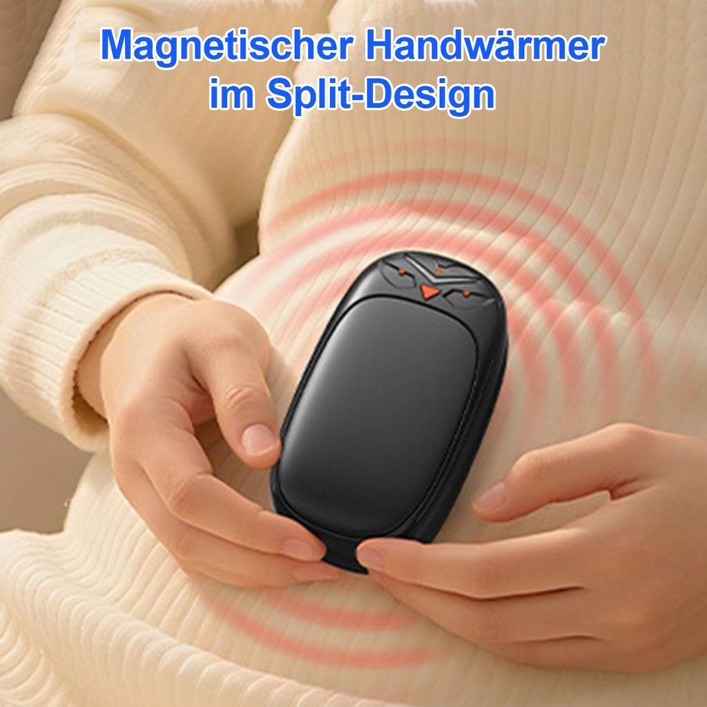 Schwarzer Handwärmer im Split-Design, gehalten von Händen vor einem hellen Pullover.