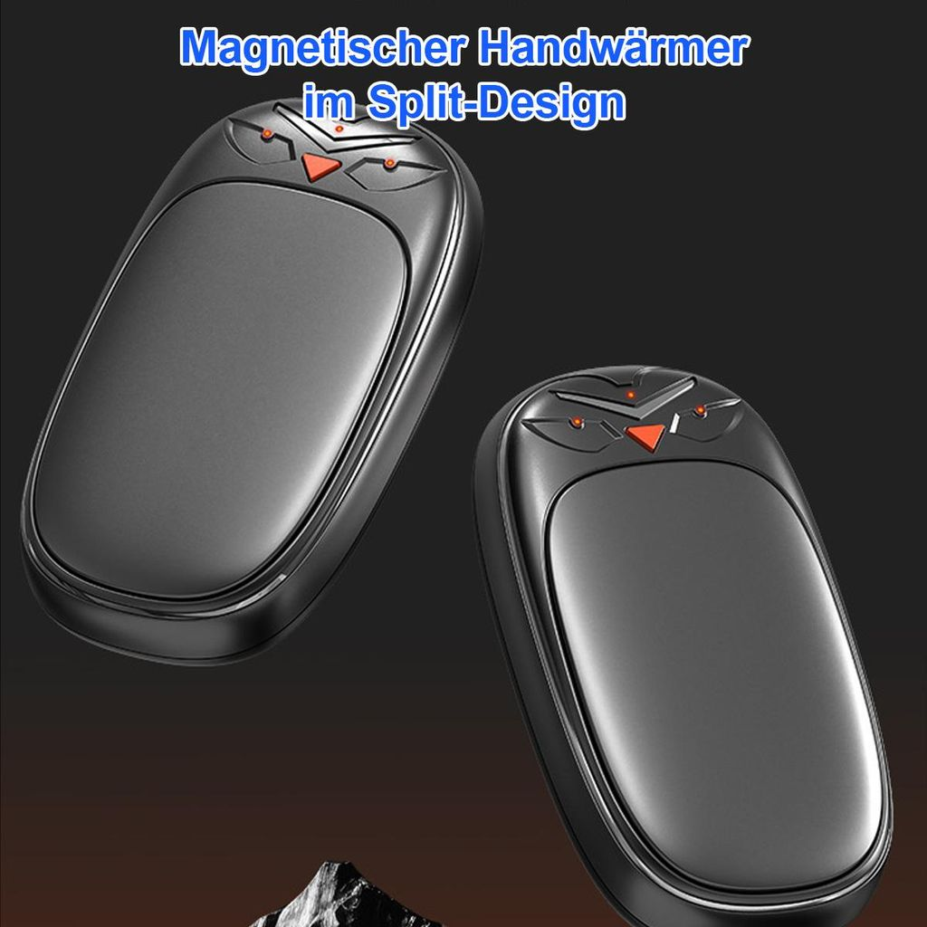 Zwei graue, magnetische Handwärmer im Split-Design mit owl-ähnlichen Lichtern.