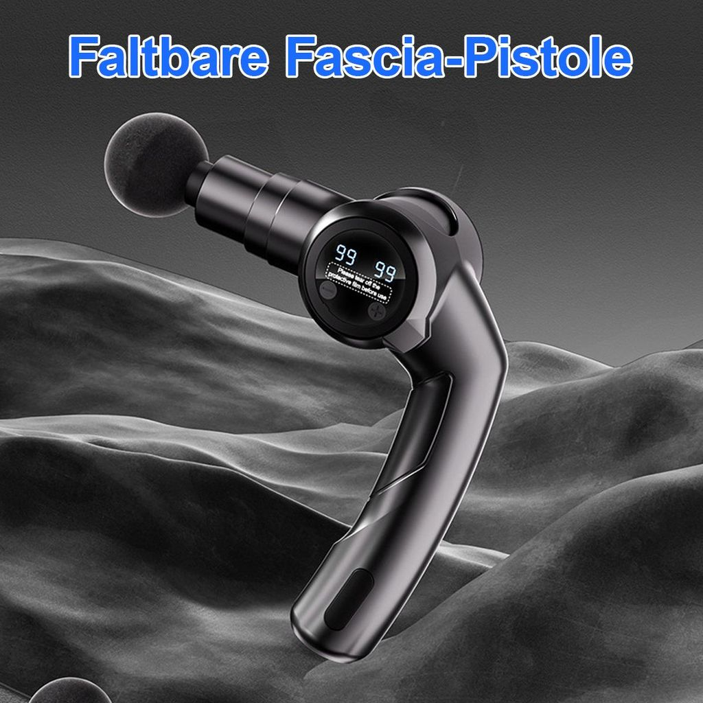 Schwarze Massagepistole mit digitalem Display auf grauem Hintergrund.