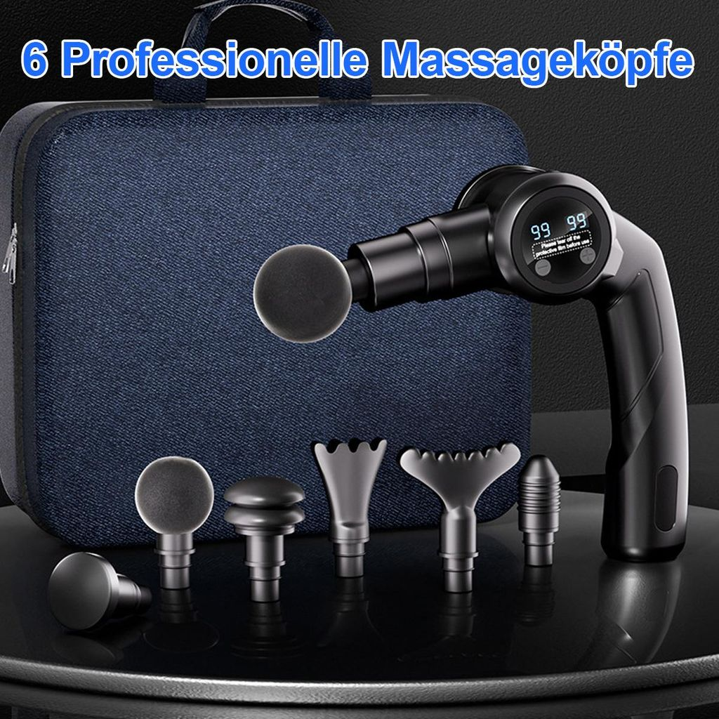 Schwarze Massagepistole mit 6 Aufsätzen und blauem Koffer.