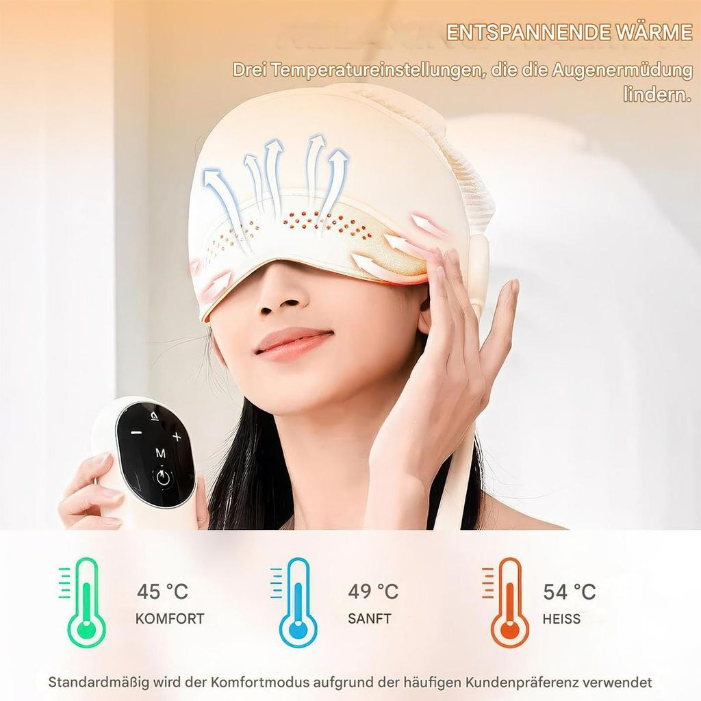 Eine Frau trägt eine Augenmaske mit drei Temperatureinstellungen: 45°C, 49°C, 54°C.