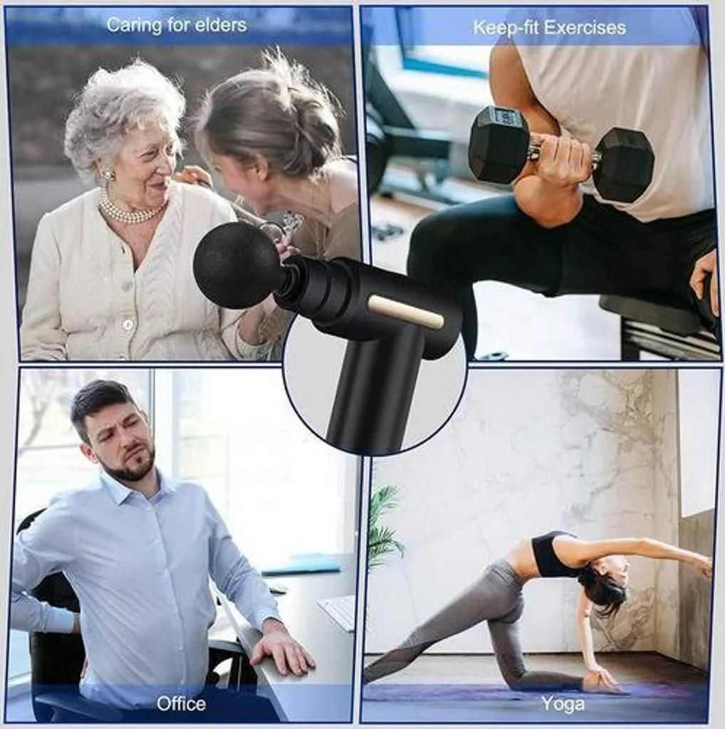 Collage: ältere Menschen gepflegt, Mann hebt Gewichte, Mann mit Rückenschmerzen, Yoga-Pose. Eine Massagepistole ist gezeigt.